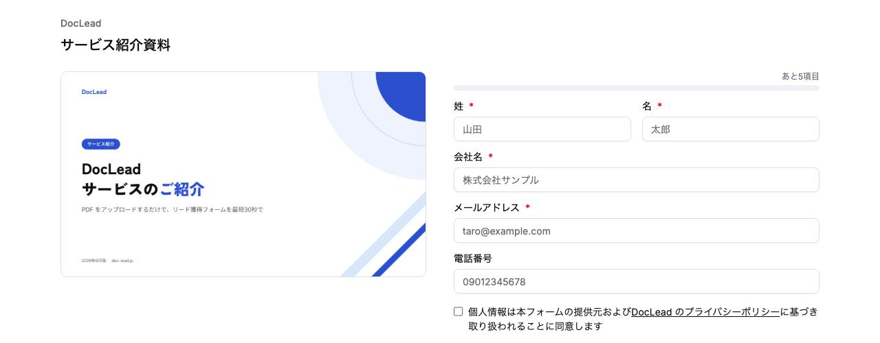 独自ドメイン(docs.example.com)で開いた資料ダウンロードページ。表紙プレビューと氏名・会社名・メールアドレスのフォームが表示されている