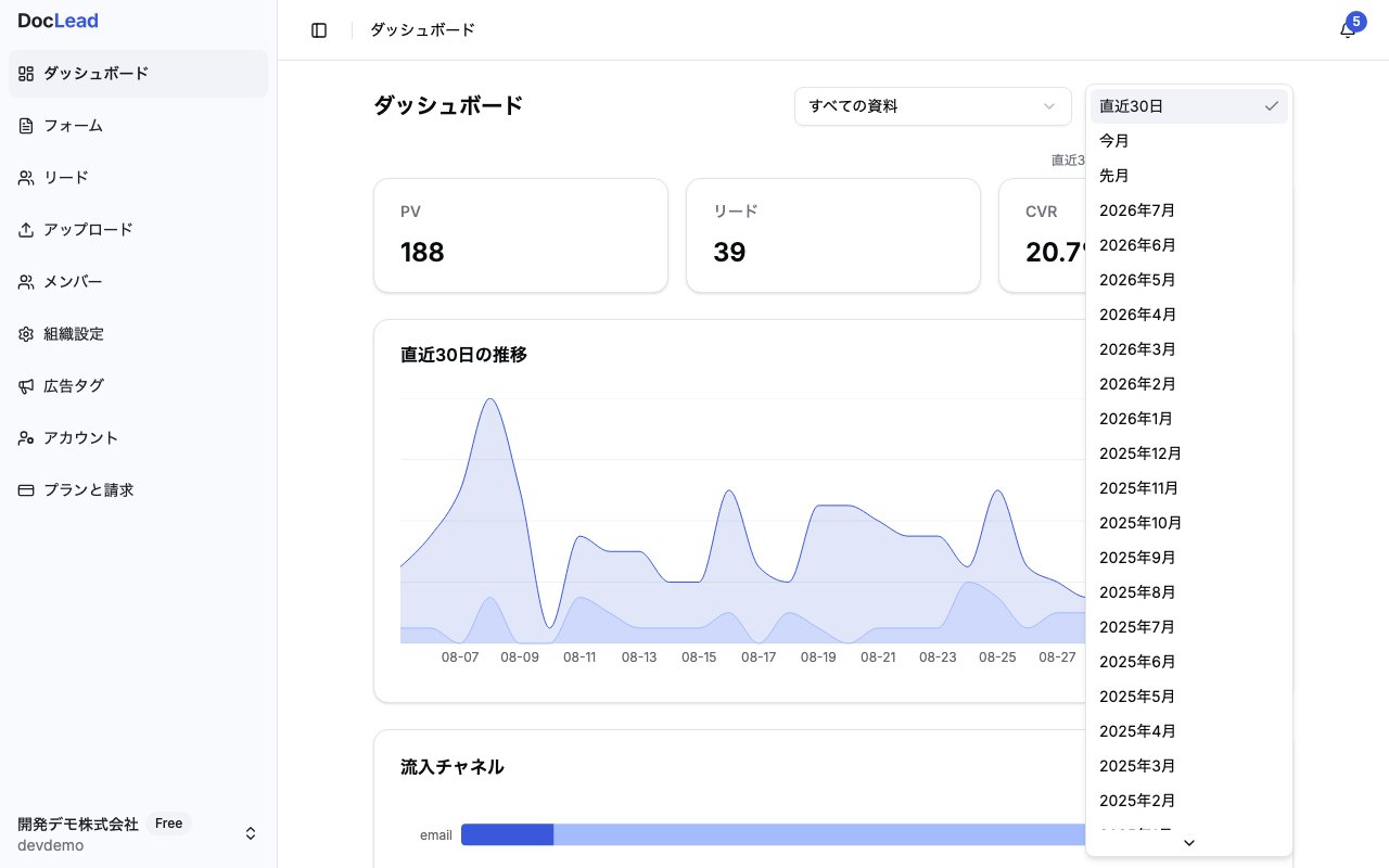 期間フィルタを開いた状態。直近30日・今月・先月から過去の月別選択肢まで並ぶ