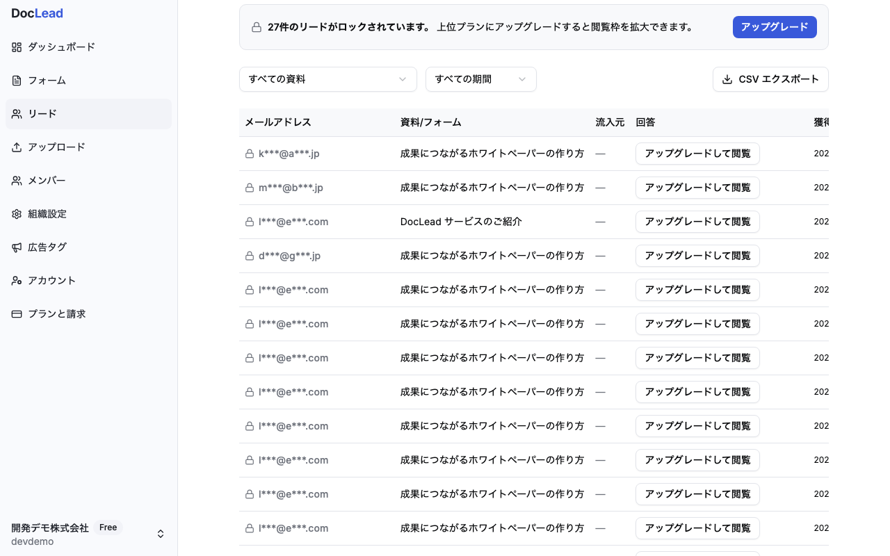 リード一覧画面。27件のリードがロックされている旨のバナーとマスクされた行